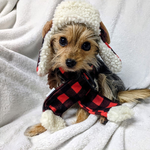 Huxley & Kent Snugfit® Holiday Dog Hat - Adjustable, Cozy, & Warm for Winter Fun - Buffalo Check with Antlers