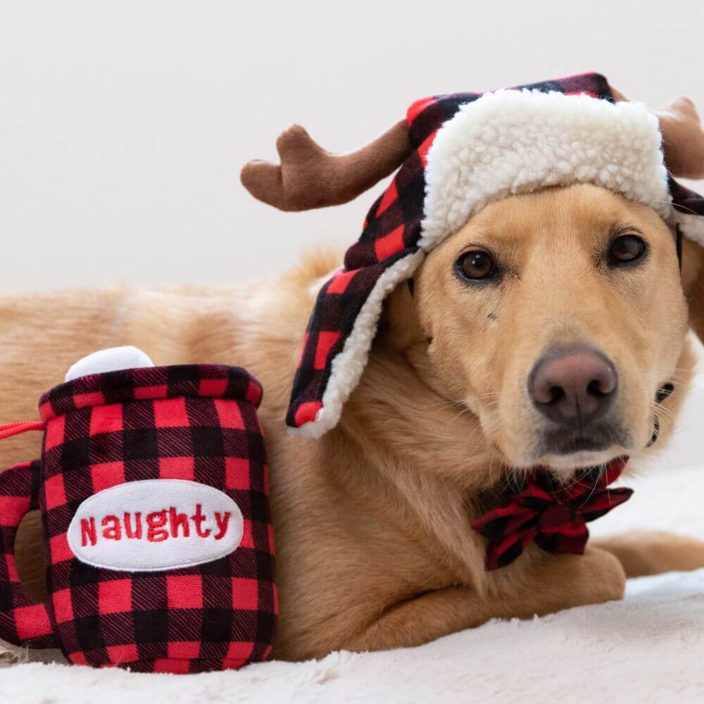 Huxley & Kent Snugfit® Holiday Dog Hat - Adjustable - Buffalo Check with Antlers