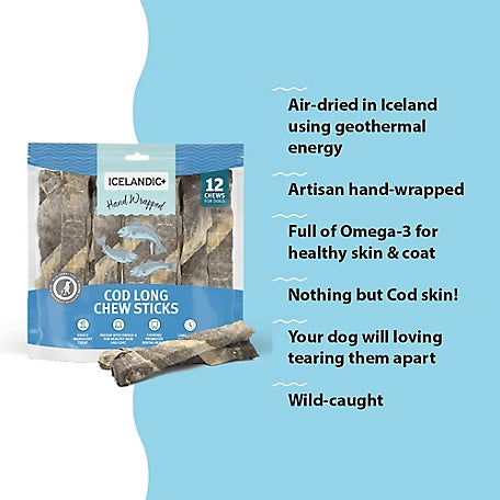Icelandic+ Cod Skin Long Chew Sticks Dog Treats, 10 in., 12- Pack