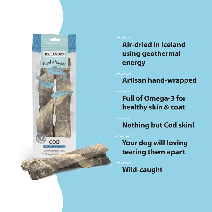 Icelandic Hand Wrapped Cod Skin 10" Long Chew Stick 2-Pack