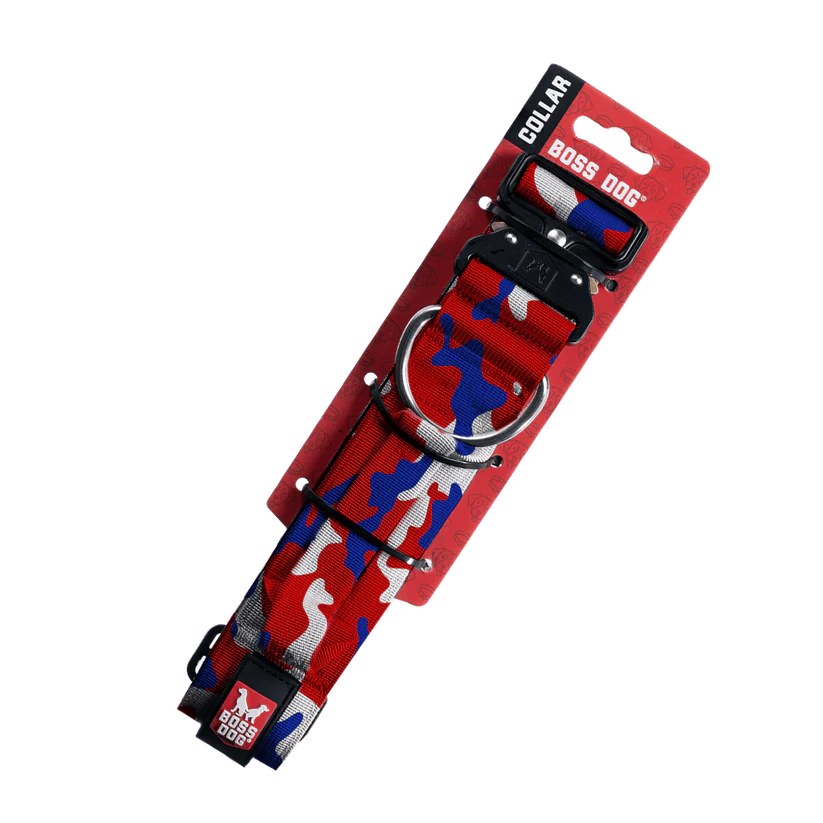 Boss Dog Unbreakable Tactical Collar - Red, White & Blue Camo