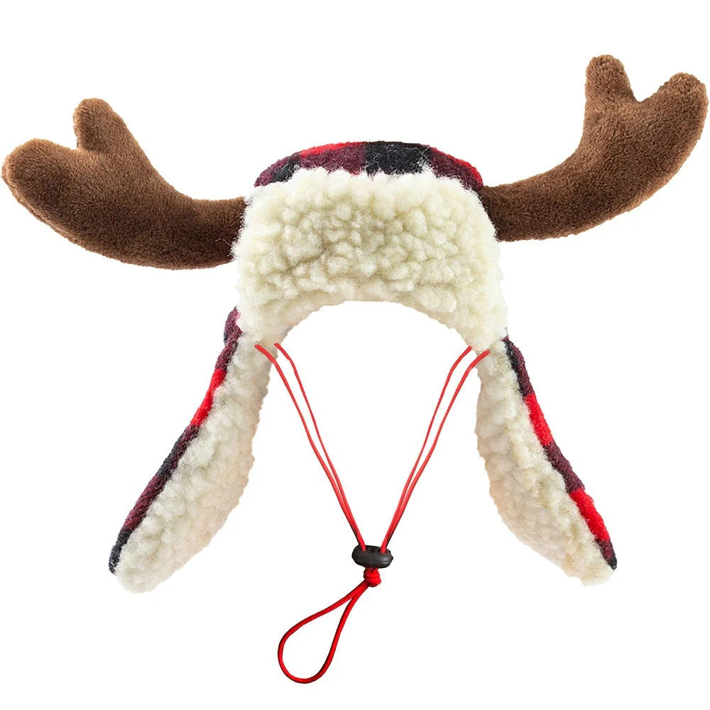 Huxley & Kent Snugfit® Holiday Dog Hat - Adjustable, Cozy, & Warm for Winter Fun - Buffalo Check with Antlers