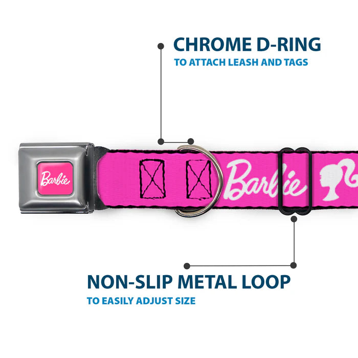 BARBIE Script Signature Full Color Pink/White Seatbelt Buckle Collar - BARBIE Script Signature Logo Pink/White
