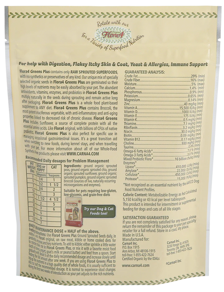 Carna4 Flora4 Greens PLUS Ground Sprouted Seeds Food Topper For Dogs & Cats