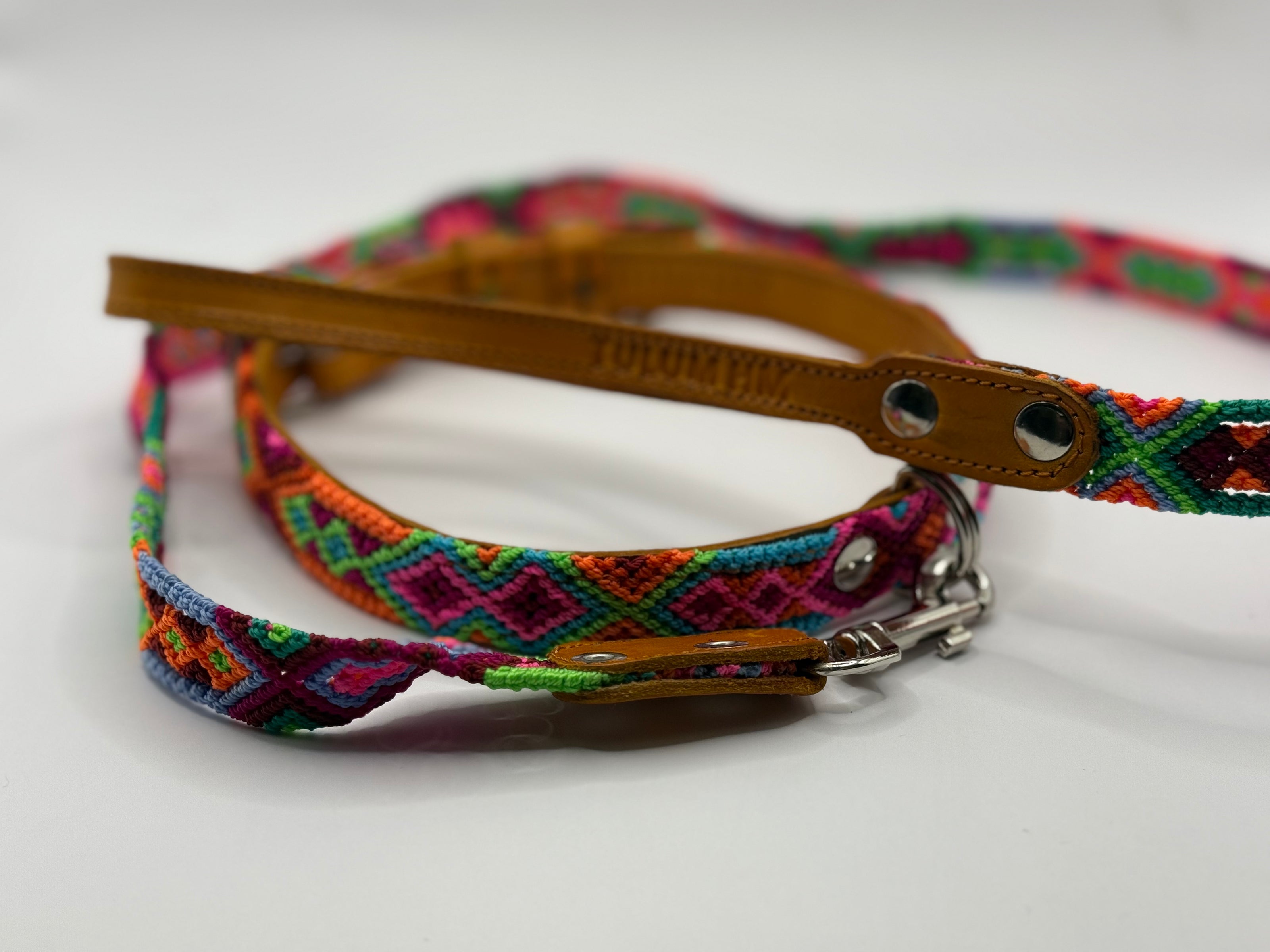 Tulum Handmade Medium Collar and Leash Set (green, orange, pink, red)