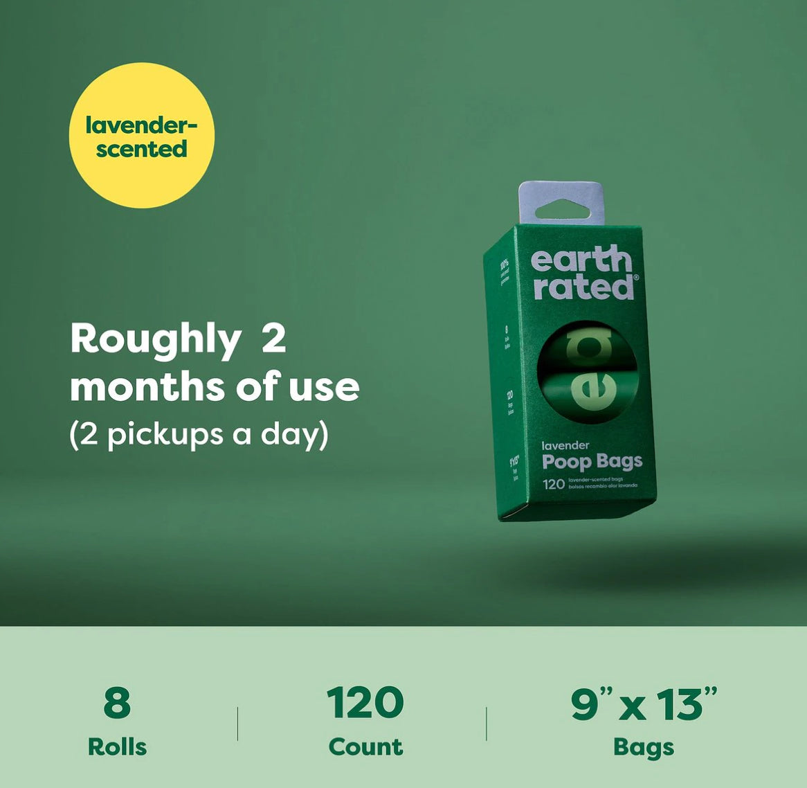 Earth Rated Leakproof Dog Poop Bags Lavender Scented, 120 Count on 8 Single Refill Rolls