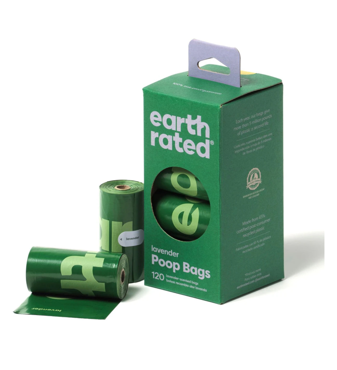 Earth Rated Leakproof Dog Poop Bags Lavender Scented, 120 Count on 8 Single Refill Rolls