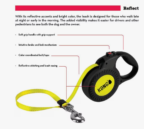 KONG Reflect Retractable Dog Leash, Medium, Black and Neon Yellow, 16-ft. Long