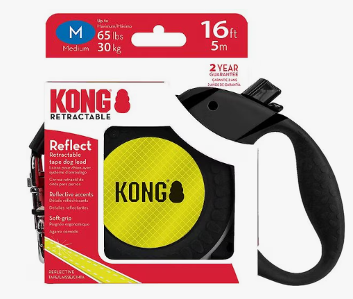KONG Reflect Retractable Dog Leash, Medium, Black and Neon Yellow, 16-ft. Long