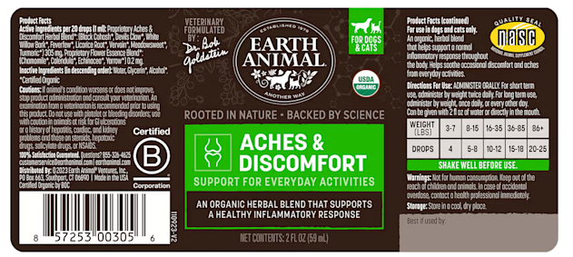Earth Animal Natural Remedies Aches & Discomfort Liquid Homeopathic Joint Supplement for Dogs & Cats