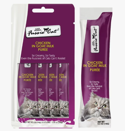 Fussie Cat Super Premium Chicken in Goat Milk Puree Lickable Cat Treats, 2-oz pouch, case of 4