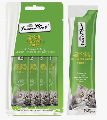 Fussie Cat Super Premium Chicken with Duck in Goat Milk Puree Lickable Cat Treats, 2-oz pouch, case of 4