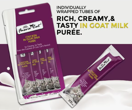 Fussie Cat Super Premium Chicken in Goat Milk Puree Lickable Cat Treats, 2-oz pouch, case of 4