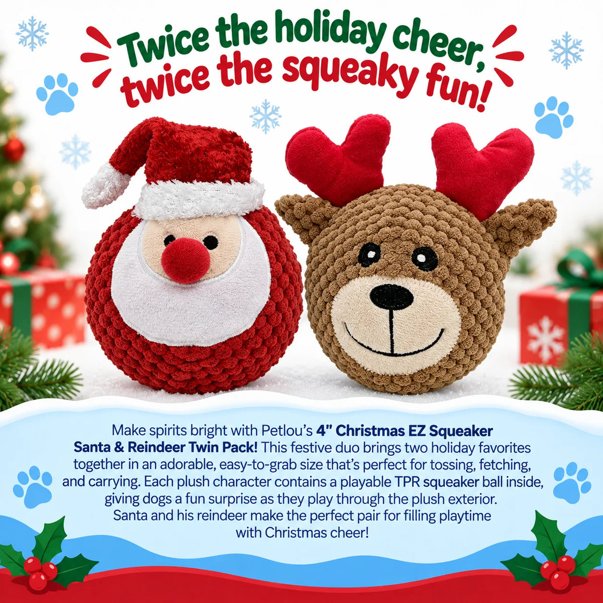 Squeaky Twin Pack Ball - Santa & Reindeer