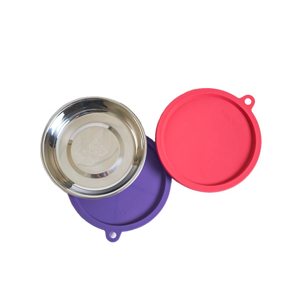 Messy Cats Stainless Saucer Shaped Bowls & Silicone Lids 4pc