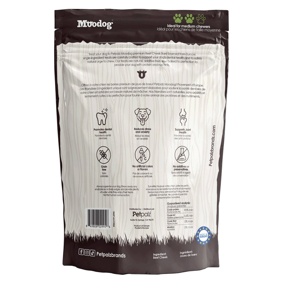 Moodog Beef Cheek Strips Bars, 6 Pack