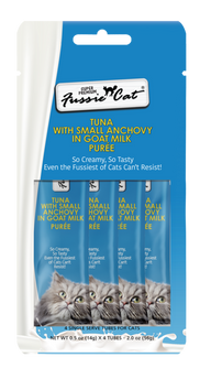 Fussie Cat Premium Tuna with Small Anchovies in Goat Milk Puree Lickable Cat Treats, 2-oz pouch, case of 4