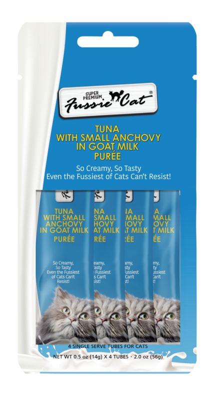 Fussie Cat Premium Tuna with Small Anchovies in Goat Milk Puree Lickable Cat Treats, 2-oz pouch, case of 4