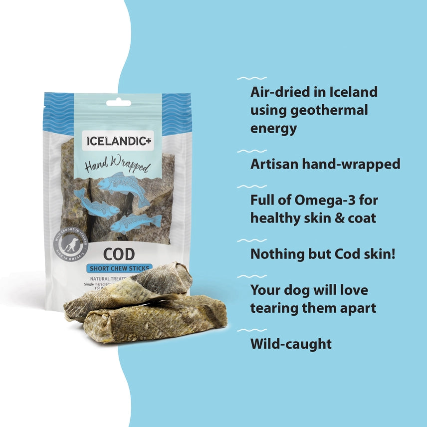 Icelandic Hand Wrapped Cod Skin 5" Short Chew Stick 3-Pack